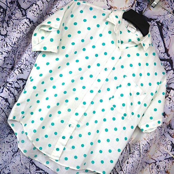 PB & Me Tops - AQUA POLKA DOT BUTTON DOWN 2X Vintage USA Shirt Blue White Office Rockabilly